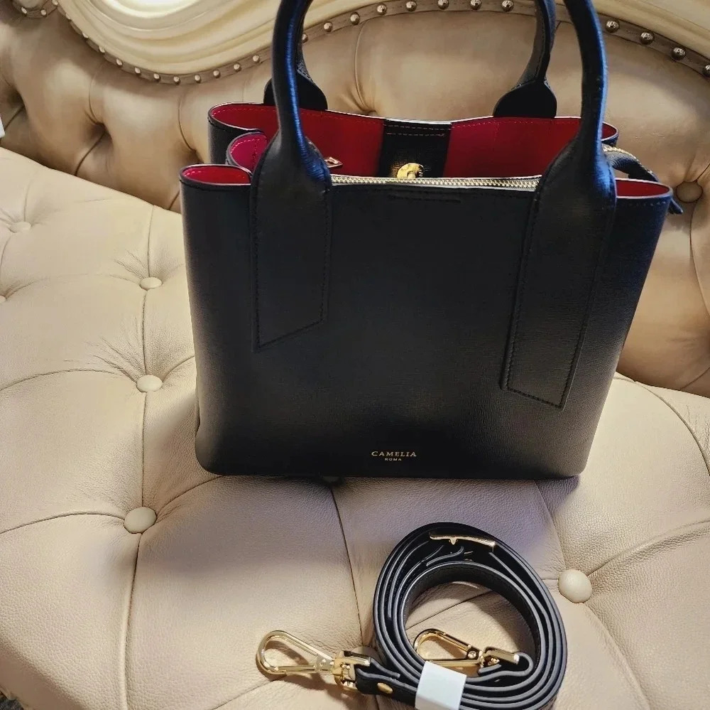 🥳HOST PICK🥳 Camelia Roma Saffiano Leather Black Red Satchel Bag Top Handle - Picture 9 of 9